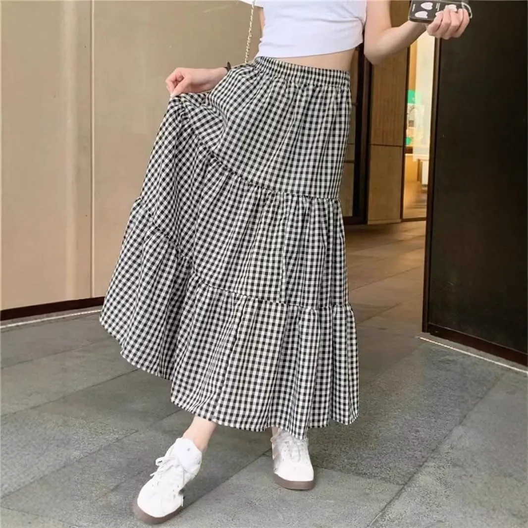 Women's Long Dresses Summer Retro Plaid A-Line Skirt