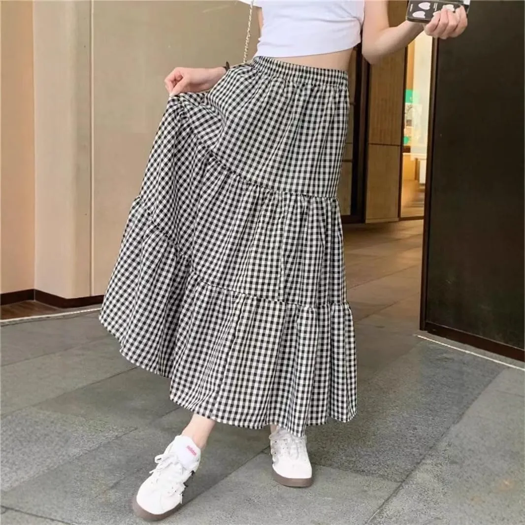 Women's Long Dresses Summer Retro Plaid A-Line Skirt