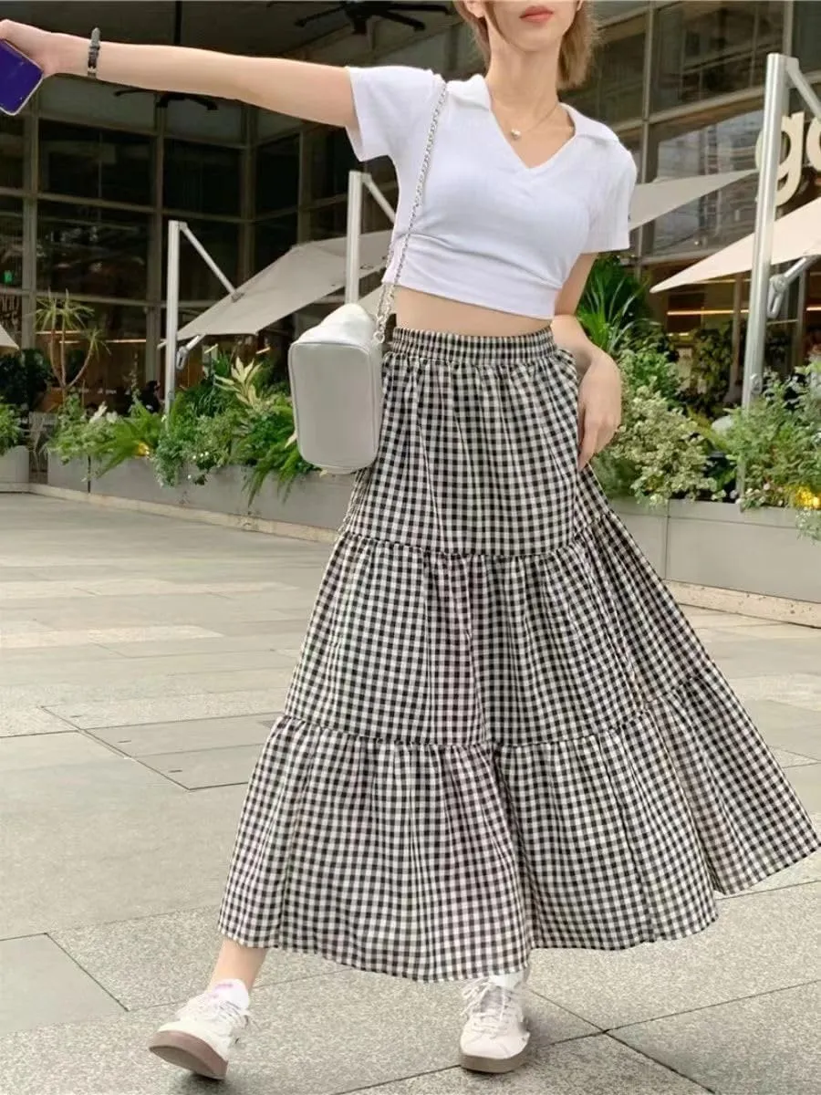 Women's Long Dresses Summer Retro Plaid A-Line Skirt