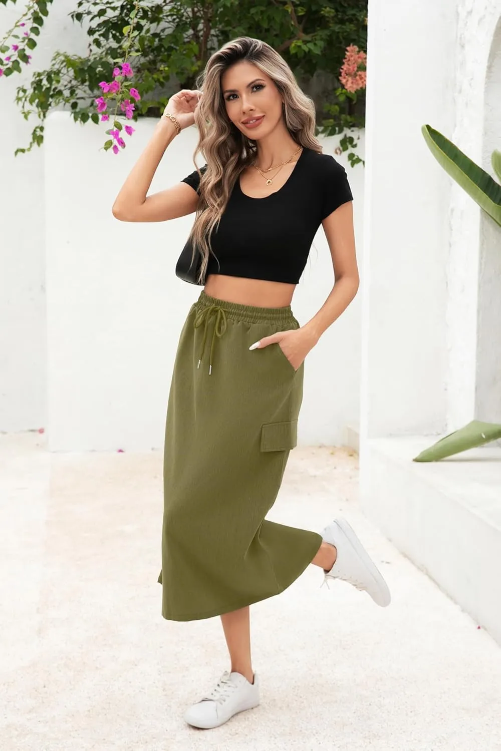 Women's Midi Cargo Skirt High Waist Drawstring Summer Slit Dressy Casual Skirts with Pockets