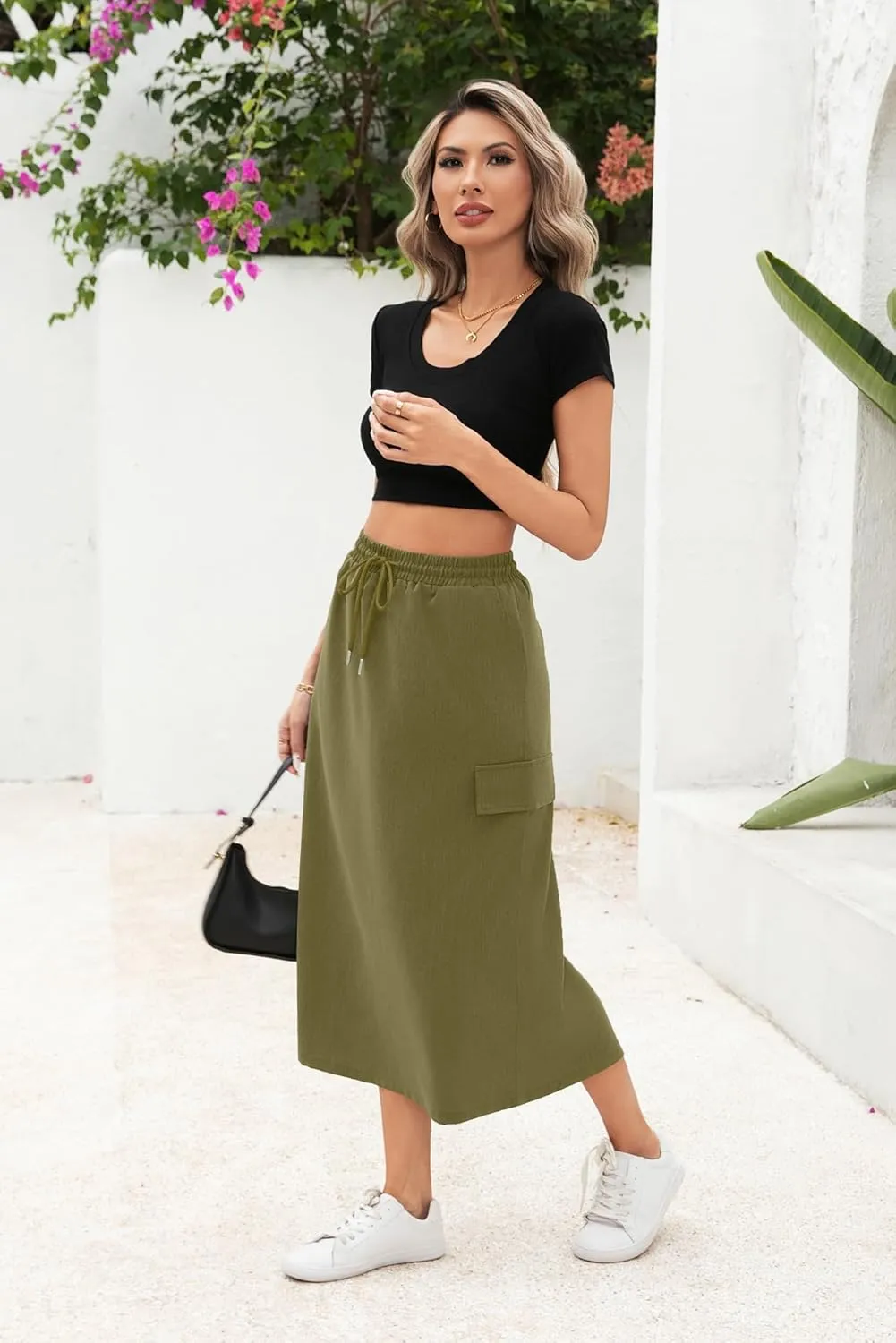 Women's Midi Cargo Skirt High Waist Drawstring Summer Slit Dressy Casual Skirts with Pockets