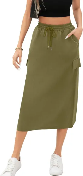 Women's Midi Cargo Skirt High Waist Drawstring Summer Slit Dressy Casual Skirts with Pockets