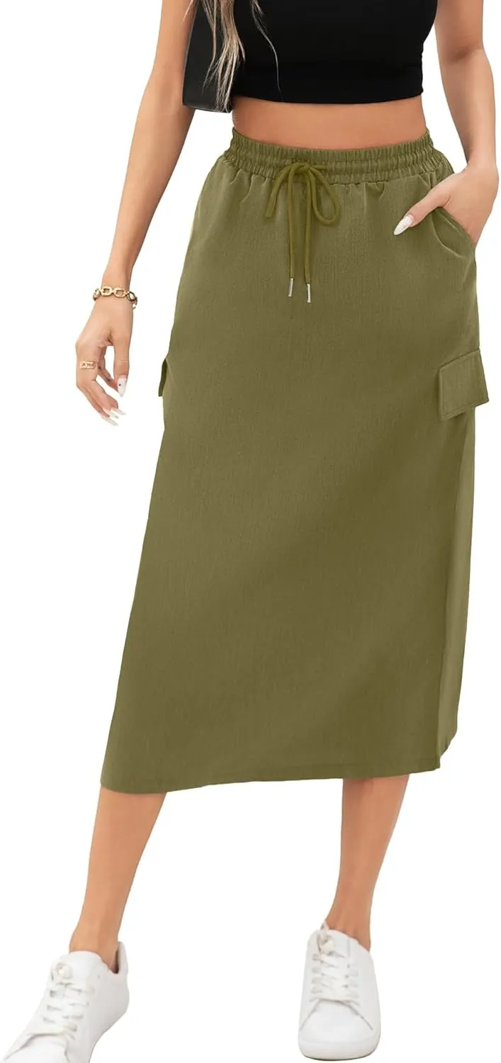 Women's Midi Cargo Skirt High Waist Drawstring Summer Slit Dressy Casual Skirts with Pockets