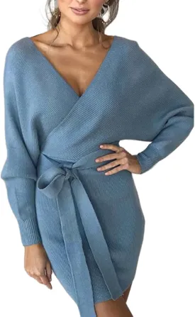 Women's Ribbed V Neck Bodycon Dress Long Sleeve Wrap Fitted Knit Tie Waist Short Dress Sexy Backless Belted Mini Skirt