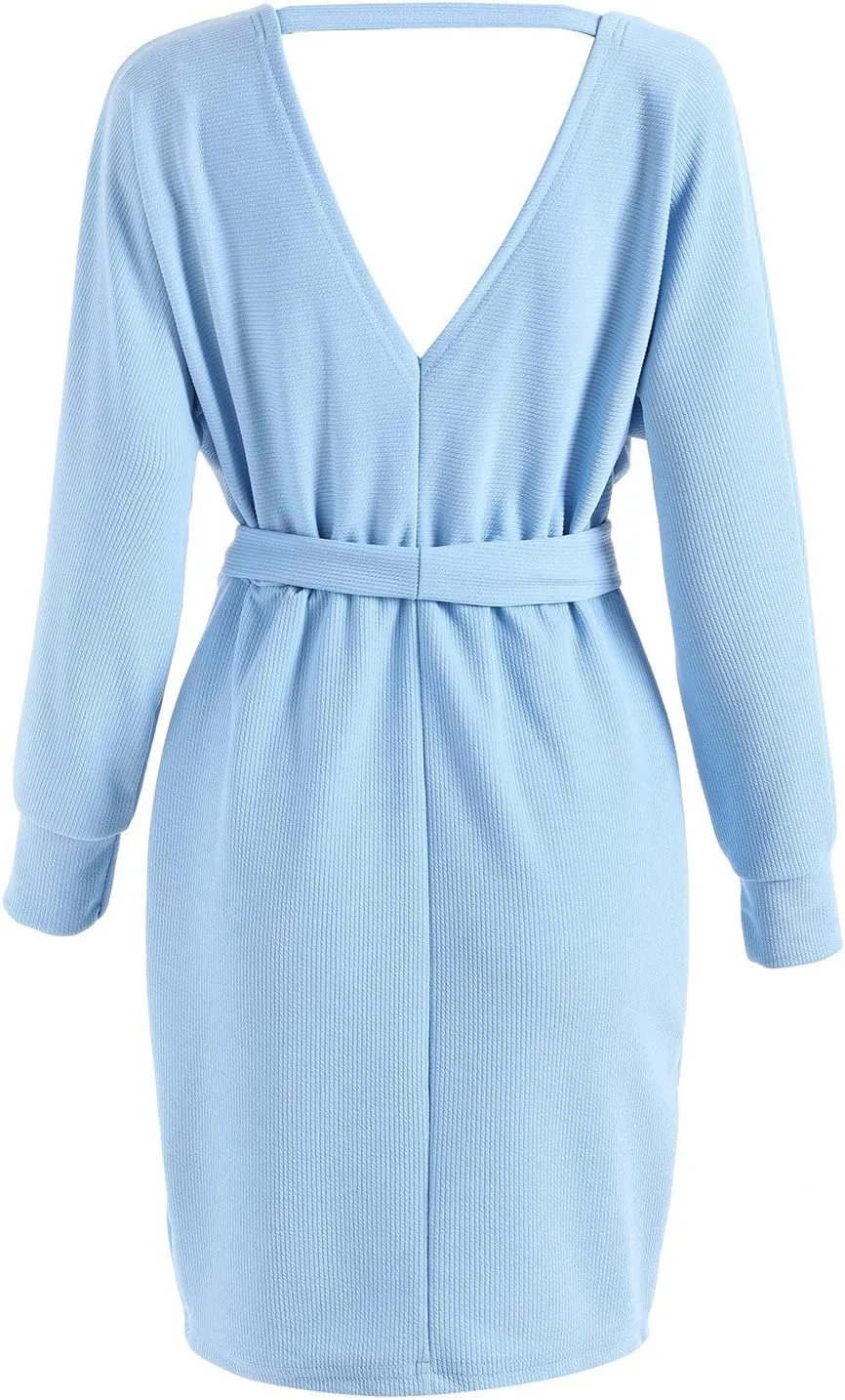 Women's Ribbed V Neck Bodycon Dress Long Sleeve Wrap Fitted Knit Tie Waist Short Dress Sexy Backless Belted Mini Skirt