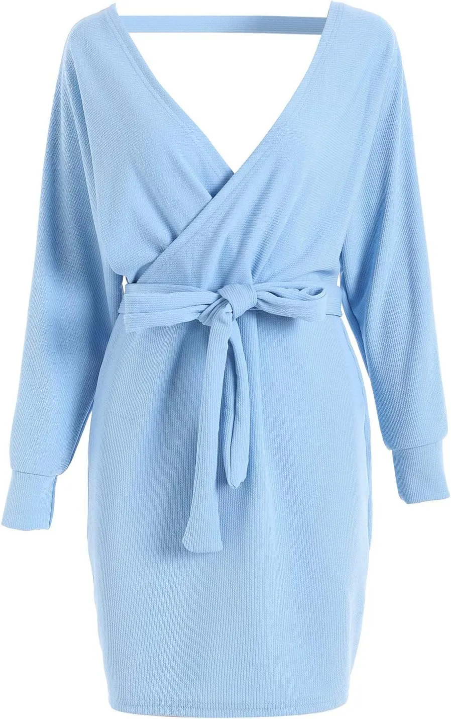 Women's Ribbed V Neck Bodycon Dress Long Sleeve Wrap Fitted Knit Tie Waist Short Dress Sexy Backless Belted Mini Skirt