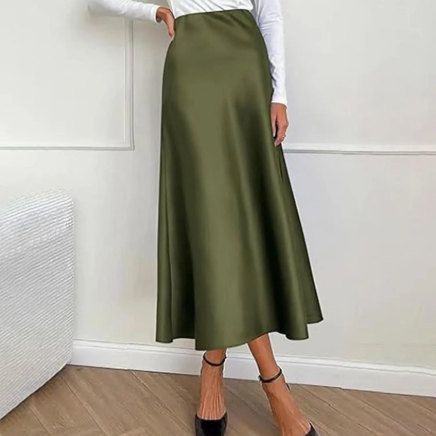 Women's Satin Silk Maxi Skirts High Waist Hidden Elasticized Waistband Flared Casual A Line Midi Skirt Cocktail Party