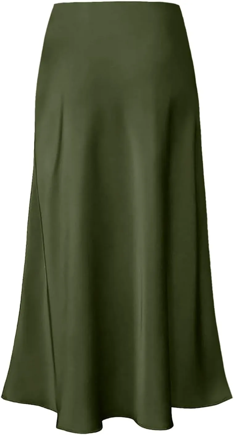 Women's Satin Silk Maxi Skirts High Waist Hidden Elasticized Waistband Flared Casual A Line Midi Skirt Cocktail Party
