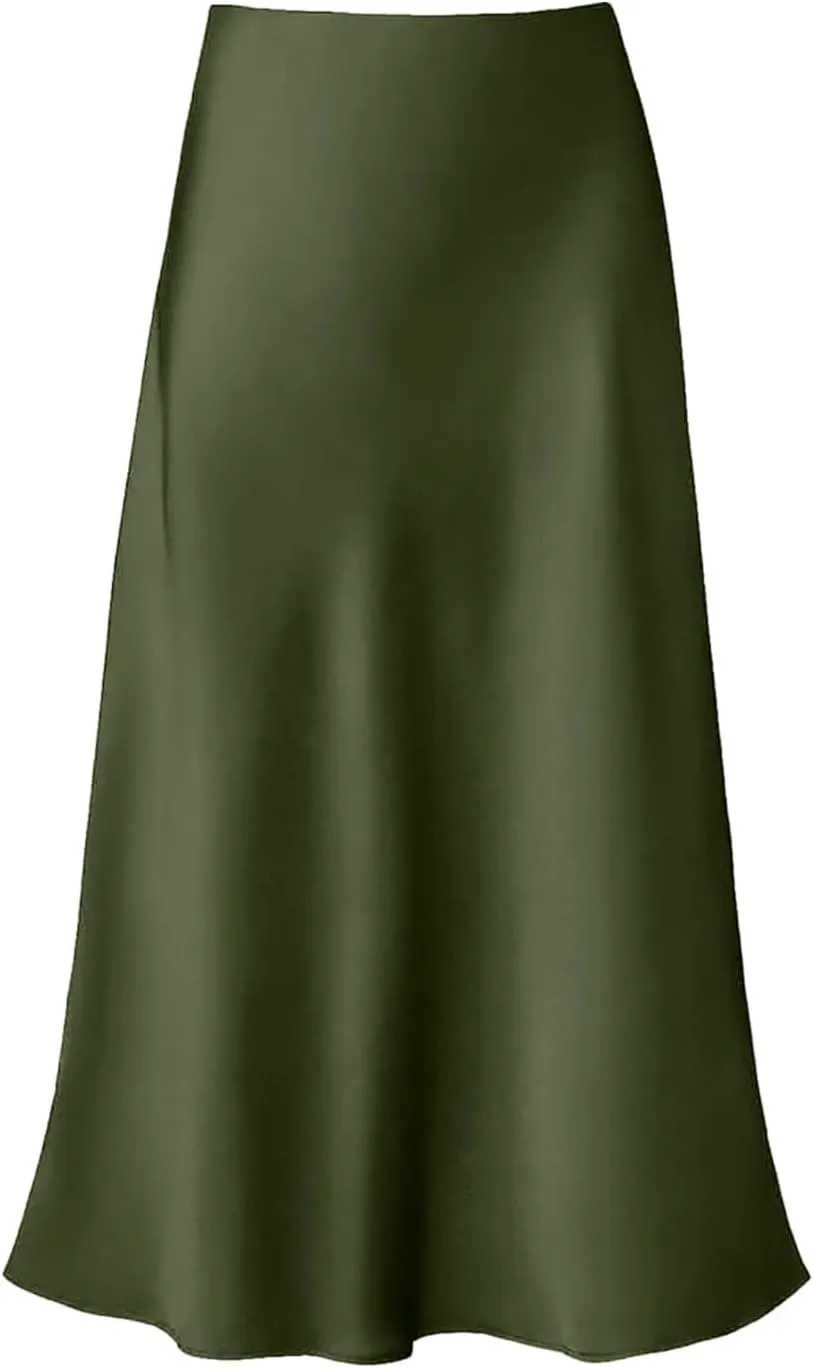 Women's Satin Silk Maxi Skirts High Waist Hidden Elasticized Waistband Flared Casual A Line Midi Skirt Cocktail Party
