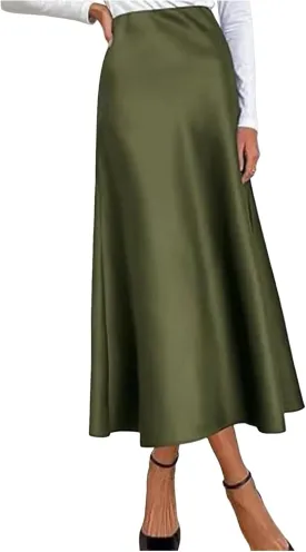 Women's Satin Silk Maxi Skirts High Waist Hidden Elasticized Waistband Flared Casual A Line Midi Skirt Cocktail Party