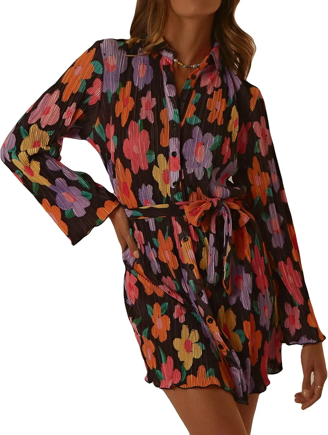 Women's V Neck Button Tie Waist Swing Dresses Casual Loose Print Mini T-shirt Dresses Summer Solid Belted Dresses