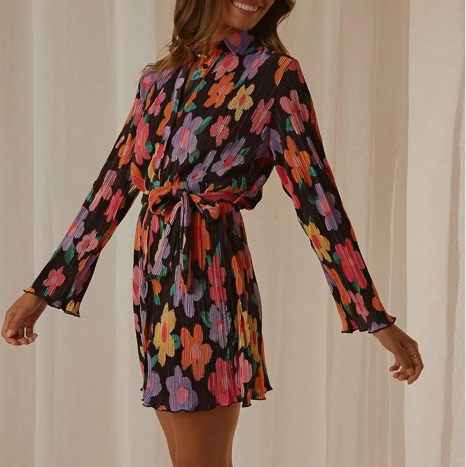 Women's V Neck Button Tie Waist Swing Dresses Casual Loose Print Mini T-shirt Dresses Summer Solid Belted Dresses