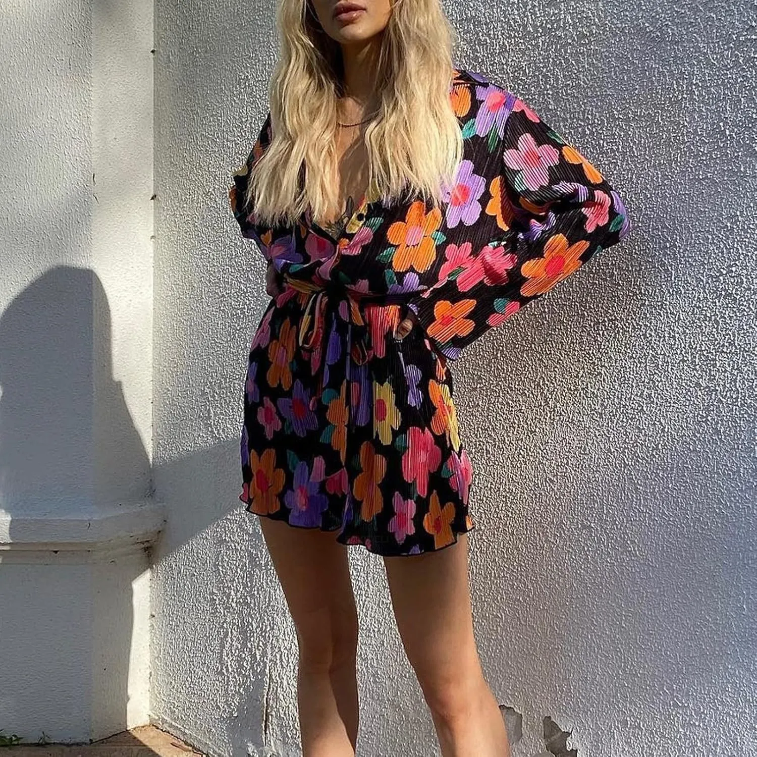 Women's V Neck Button Tie Waist Swing Dresses Casual Loose Print Mini T-shirt Dresses Summer Solid Belted Dresses