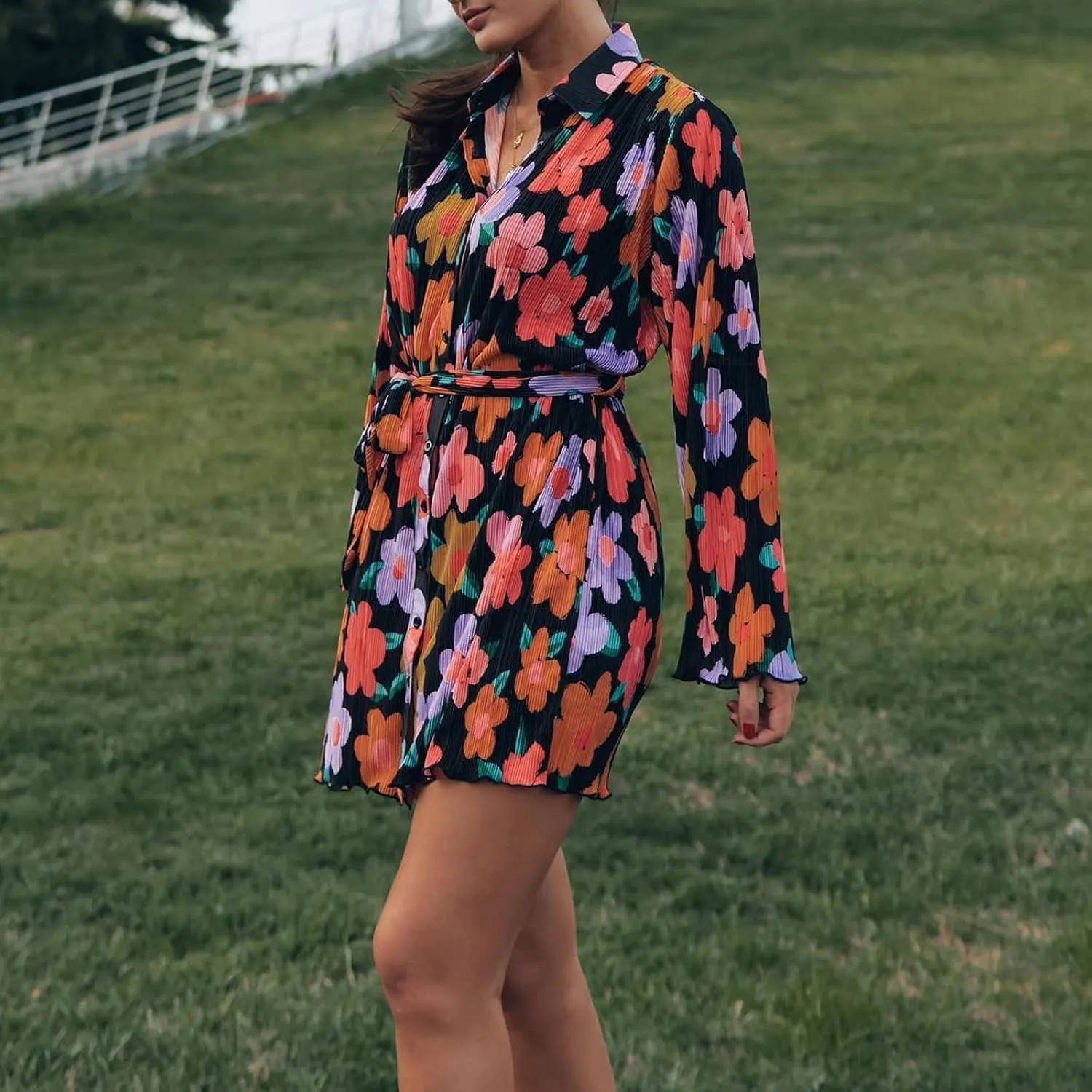 Women's V Neck Button Tie Waist Swing Dresses Casual Loose Print Mini T-shirt Dresses Summer Solid Belted Dresses