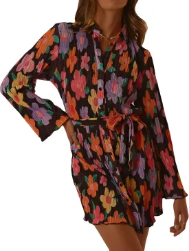 Women's V Neck Button Tie Waist Swing Dresses Casual Loose Print Mini T-shirt Dresses Summer Solid Belted Dresses